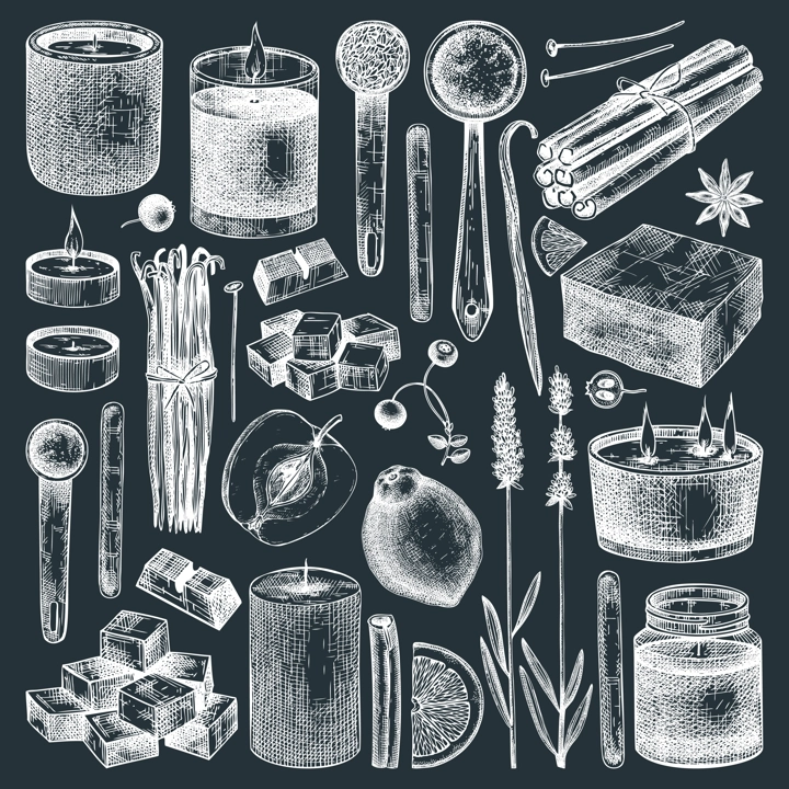 Hand-sketched aromatic candles ingredients set on chalkboard. Vector illustrations of candles, wax, fragrance, color, herbs. Natural materials for aromatherapy, hobby, handcrafts, candle making.